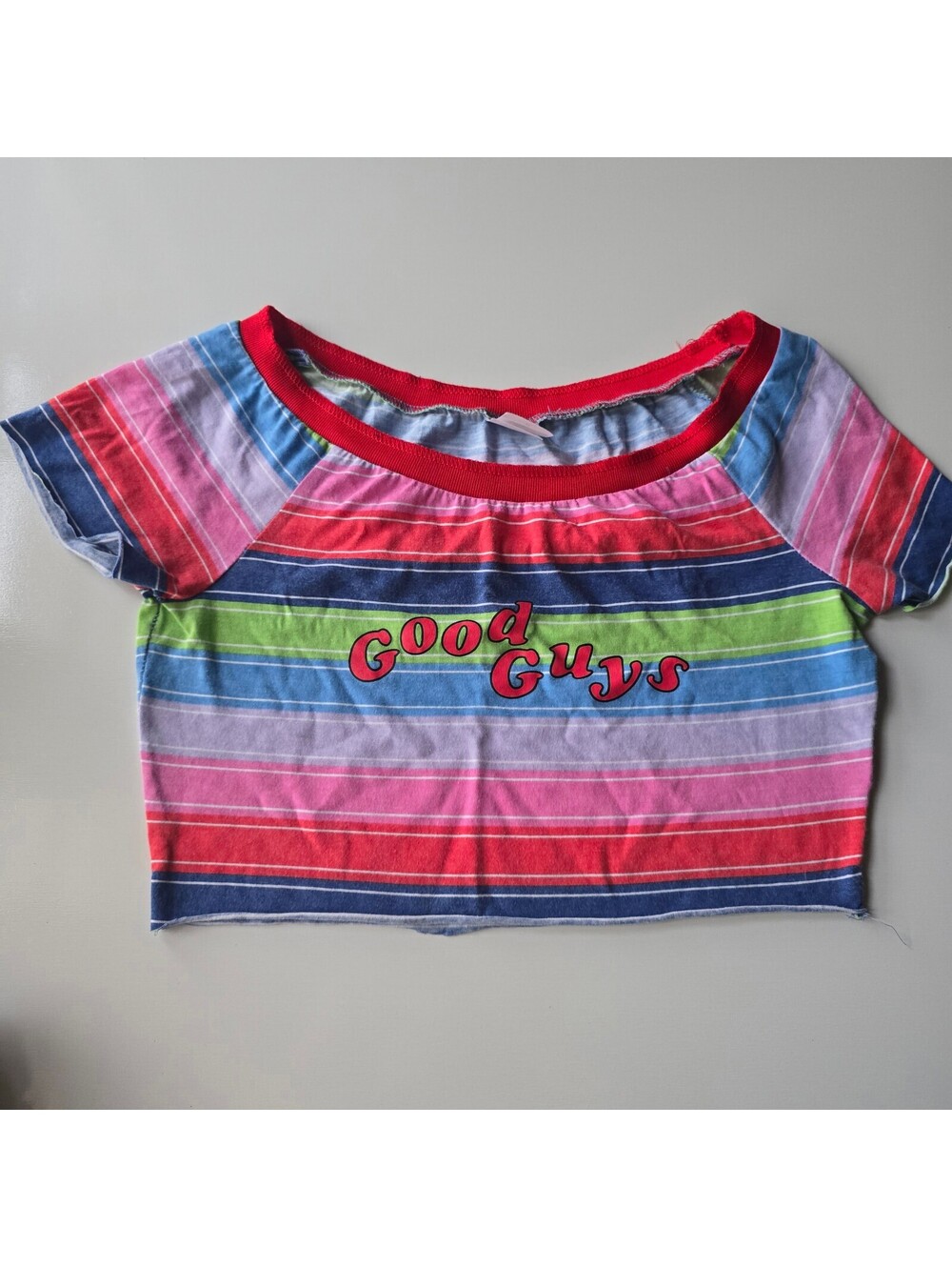 Chucky Good Guys Rainbow Striped Crop Top Shirt Womens Medium Costume Halloween